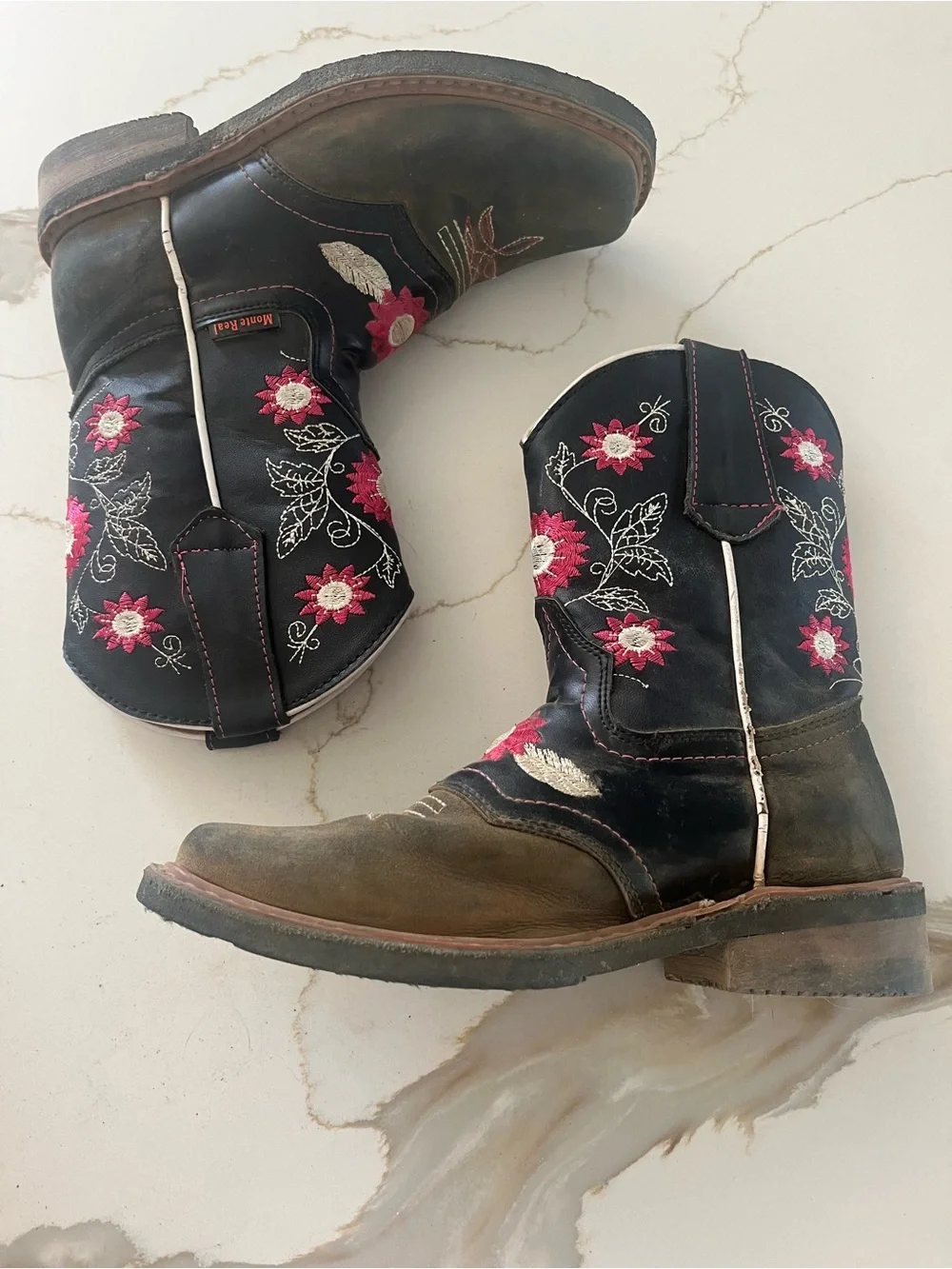 Kids Black & Brown Floral Embroidered Western Boots
